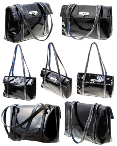 set from black patent leather ladies bag isolated